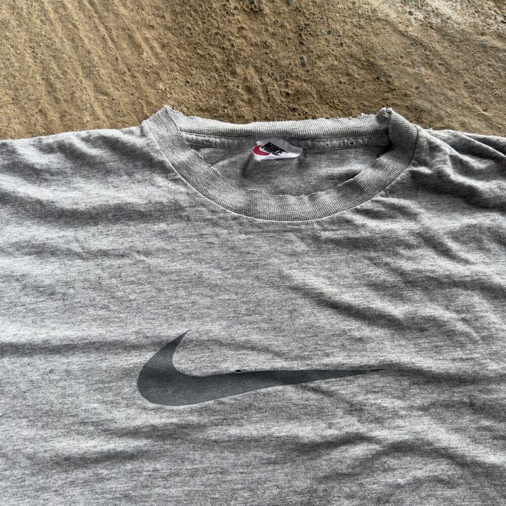 Vintage 90s Nike Swoosh Big Logo Gray Tee Shirt Men's Large Heather Gray Check